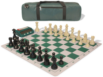 Tournament Special Carry-All Plastic Chess Set - Black & Aged Ivory Pieces with Clock & Floppy Board - Green
