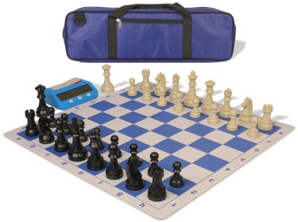 German Knight Large Carry-All Plastic Chess Set Black & Aged Ivory Pieces with Clock & Lightweight Floppy Board - Royal Blue