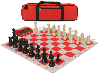 German Knight Large Carry-All Plastic Chess Set Black & Aged Ivory Pieces with Clock & Lightweight Floppy Board - Red