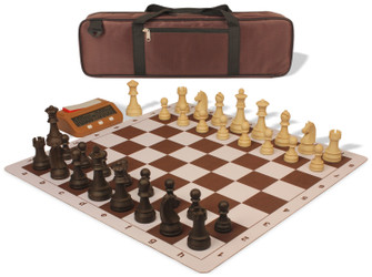 German Knight Carry-All Plastic Chess Set - Wood Grain Pieces, Clock & Floppy Board - Brown