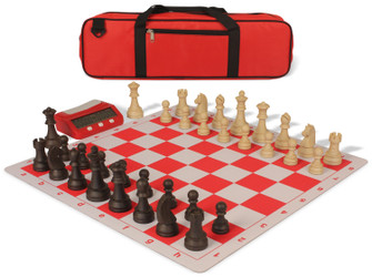 German Knight Carry-All Plastic Chess Set - Wood Grain Pieces, Clock & Floppy Board - Red