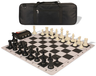Conqueror Deluxe Carry-All Plastic Chess Set Black & Ivory Pieces with Clock & Floppy Board - Black