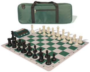 Conqueror Deluxe Carry-All Plastic Chess Set Black & Ivory Pieces with Clock & Floppy Board - Green