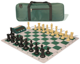 Conqueror Deluxe Carry-All Plastic Chess Set Black & Camel Pieces with Clock & Lightweight Floppy Board - Green
