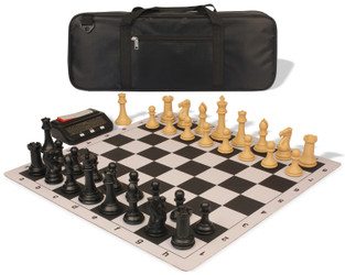 Professional Deluxe Carry-All Plastic Chess Set Black & Camel Pieces with Clock & Floppy Board - Black