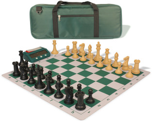 Professional Deluxe Carry-All Plastic Chess Set Black & Camel Pieces with Clock & Floppy Board - Green