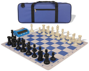 Professional Deluxe Carry-All Plastic Chess Set Black & Ivory Pieces with Clock & Lightweight Floppy Board - Royal Blue