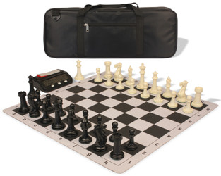 Executive Deluxe Carry-All Plastic Chess Set Black & Ivory Pieces with Clock & Floppy Board & Bag - Black