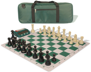 Tournament Special Deluxe Carry-All Plastic Chess Set - Black & Aged Ivory Pieces with Clock & Floppy Board - Green