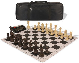 German Knight Deluxe Carry-All Plastic Chess Set Wood Grain Pieces with Clock & Floppy Board - Black
