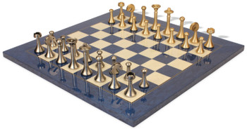 Modern Solid Brass Chess Set with Blue Ash Burl & Erable High Gloss Chess Board