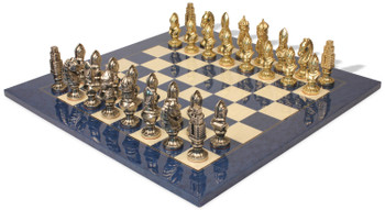 Medieval Theme Metal Chess Set with Blue Ash Burl Chess Board