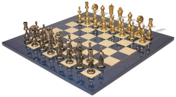 Large Arabesque Contemporary Staunton Metal Chess Set with Blue Ash Burl Chess Board