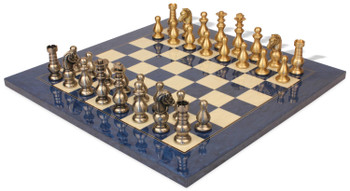 Classic French Staunton Brass Chess Set with Blue Ash Burl Chess Board