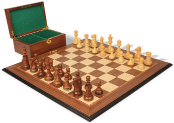 Fischer-Spassky Commemorative Chess Set Golden Rosewood & Boxwood Pieces with Walnut Molded Edge Board & Box - 3.75" King
