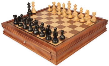 Queen's Gambit Chess Set Ebonized & Boxwood Pieces with Deluxe Two-Drawer Walnut Case - King