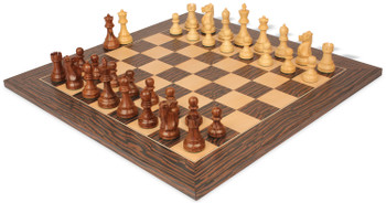 Fischer-Spassky Commemorative Chess Set Golden Rosewood & Boxwood Pieces with Deluxe Tiger Ebony & Maple Board - 3.75" King