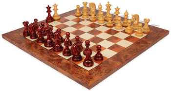 Patton Staunton Chess Set Padauk & Boxwood Pieces with Elm Burl & Erable Board - 4.25" King