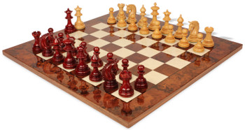 Patton Staunton Chess Set Padauk & Boxwood Pieces with Walnut Burl & Maple Board - 4.25" King