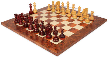 Tencendur Staunton Chess Set Padauk & Boxwood Pieces  with Elm Burl Board - 4.4" King