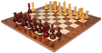 Tencendur Staunton Chess Set Padauk & Boxwood Pieces  with Walnut Burl Board - 4.4" King