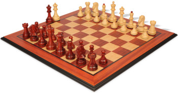 Dubrovnik Series Chess Set Padauk & Boxwood Pieces with Padauk & Birds Eye Maple Molded Edge Board - 3.9" King