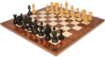 Hengroen Staunton Chess Set Ebony & Boxwood Pieces with Walnut Burl Board - 4.6" King