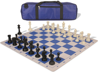 Master Series Carry-All Plastic Chess Set Black & Ivory Pieces with Lightweight Floppy Board - Blue