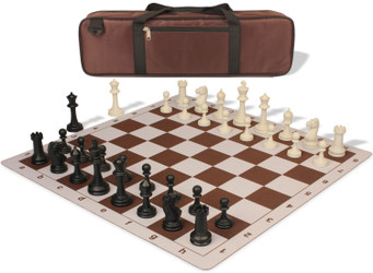 Master Series Carry-All Plastic Chess Set Black & Ivory Pieces with Lightweight Floppy Board - Brown