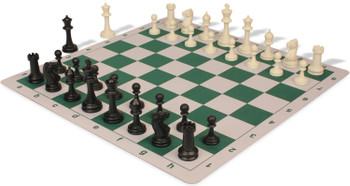 Master Series Plastic Chess Set Black & Ivory Pieces with Lightweight Floppy Board - Green