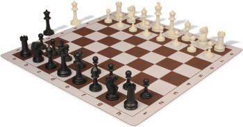 Master Series Plastic Chess Set Black & Ivory Pieces with Lightweight Floppy Board - Brown