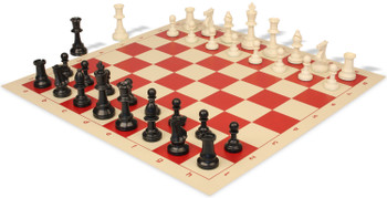 Standard Club Plastic Chess Set Black and Ivory Pieces with Vinyl Rollup Board - Red - Plastic Chess Sets with Vinyl Rollup Board Chess Sets