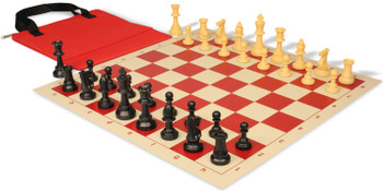 Standard Club Easy-Carry Triple Weighted Plastic Chess Set Black & Camel Pieces with Vinyl Rollup Board - Red