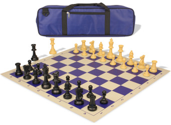 Standard Club Carry-All Triple Weighted Plastic Chess Set Black & Camel Pieces with Vinyl Rollup Board - Blue