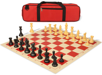 Standard Club Carry-All Triple Weighted Plastic Chess Set Black & Camel Pieces with Rollup Board - Red