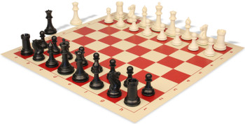 Conqueror Plastic Chess Set Black & Ivory Pieces with Rollup Board - Red