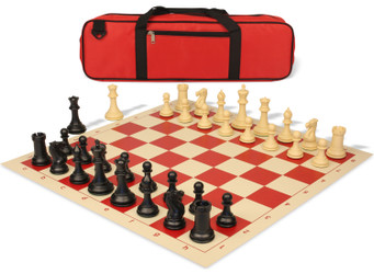 Conqueror Carry-All Plastic Chess Set Black & Camel Pieces with Rollup Board - Red