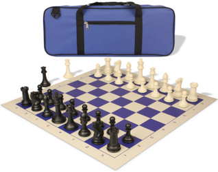 Professional Deluxe Carry-All Plastic Chess Set Black & Ivory Pieces with Vinyl Roll-up Board & Bag - Blue