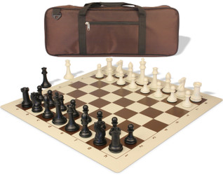 Professional Deluxe Carry-All Plastic Chess Set Black & Ivory Pieces with Vinyl Roll-up Board & Bag - Brown