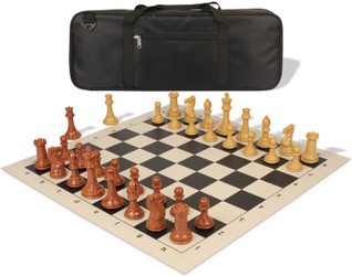 Professional Deluxe Carry-All Plastic Chess Set Wood Grain Pieces with Vinyl Roll-up Board & Bag - Black