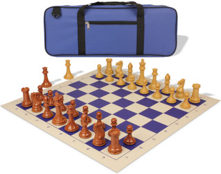 Professional Deluxe Carry-All Plastic Chess Set Wood Grain Pieces with Vinyl Roll-up Board & Bag - Blue
