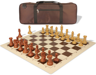 Professional Deluxe Carry-All Plastic Chess Set Wood Grain Pieces with Vinyl Roll-up Board & Bag - Brown