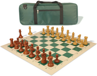 Professional Deluxe Carry-All Plastic Chess Set Wood Grain Pieces with Vinyl Roll-up Board & Bag - Green