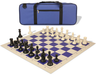 Conqueror Deluxe Carry-All Plastic Chess Set Black & Ivory Pieces with Rollup Board - Blue