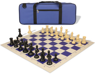 Conqueror Deluxe Carry-All Plastic Chess Set Black & Camel Pieces with Rollup Board - Blue