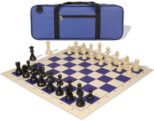 German Knight Deluxe Carry-All Plastic Chess Set Black & Aged Ivory Pieces with Roll-up Vinyl Board & Bag - Blue