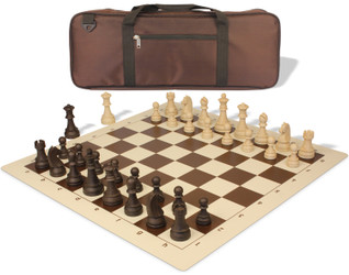 German Knight Deluxe Carry-All Plastic Chess Set Wood Grain Pieces with Vinyl Roll-up Board & Bag - Brown