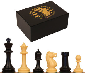 The Chess Store Master Series Tournament Size Plastic Chess Pieces Black & Camel with Extra Queens & Box - King