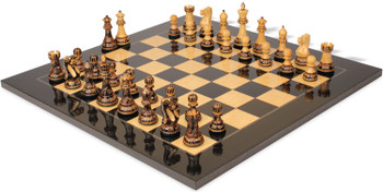 New Exclusive Staunton Chess Set Burnt Boxwood Pieces with Black & Ash Burl Board - 3.75" King