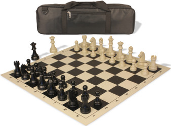 German Knight Carry-All Plastic Chess Set Black & Aged Ivory Pieces with Vinyl Rollup Board - Black